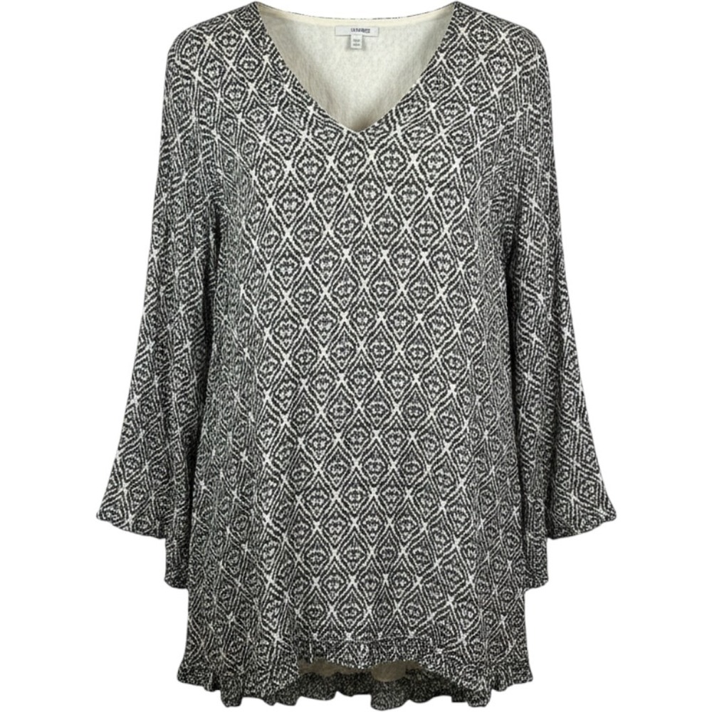Amuse Society Womens M Black White Geometric Diamond Ruffle Bell Sleeve Tunic